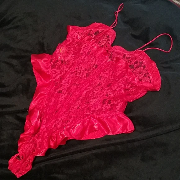 Victoria’s Secret Red 90's Gold Label Vintage Lace Teddy Satin Ruffle Bodysuit - Picture 11 of 16